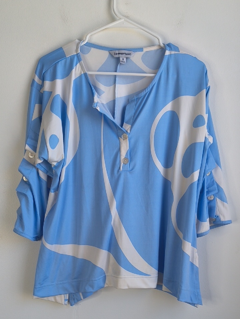 La Mer Sky Blue & White Abstract Button-Detail Top